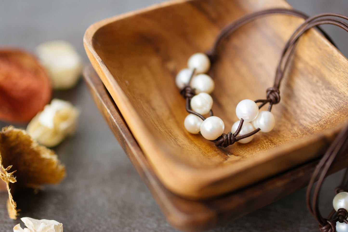Leather Pearl cluster necklace, 3rd Anniversary gift for her