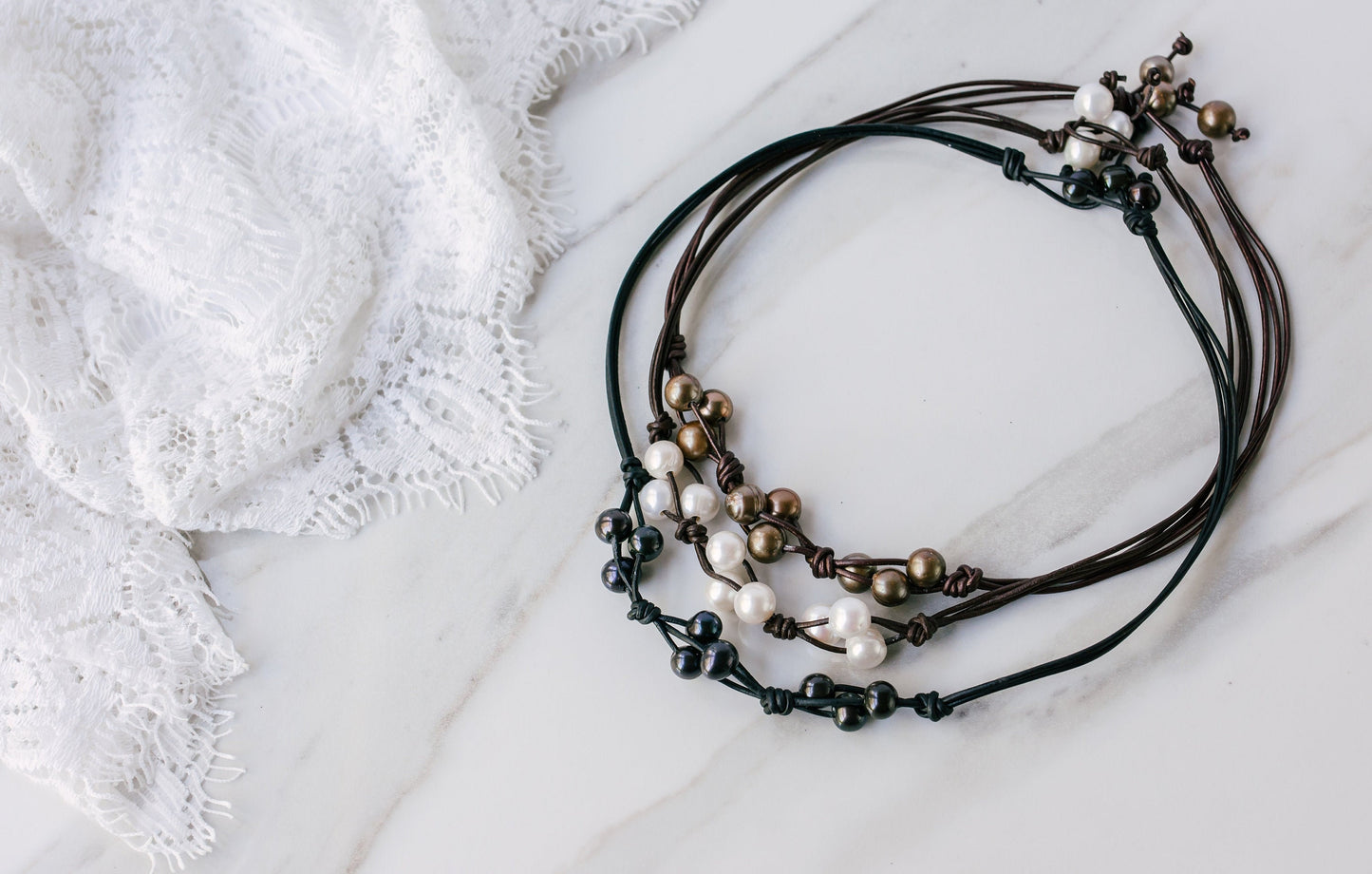 Leather Pearl cluster necklace, 3rd Anniversary gift for her