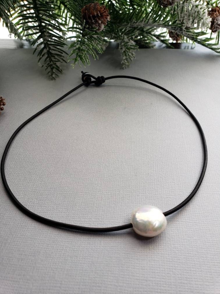 Coin Pearl Leather Necklace, 3rd anniversary gift for wife, Unisex necklace for men and women
