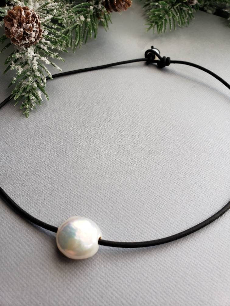 Coin Pearl Leather Necklace, 3rd anniversary gift for wife, Unisex necklace for men and women