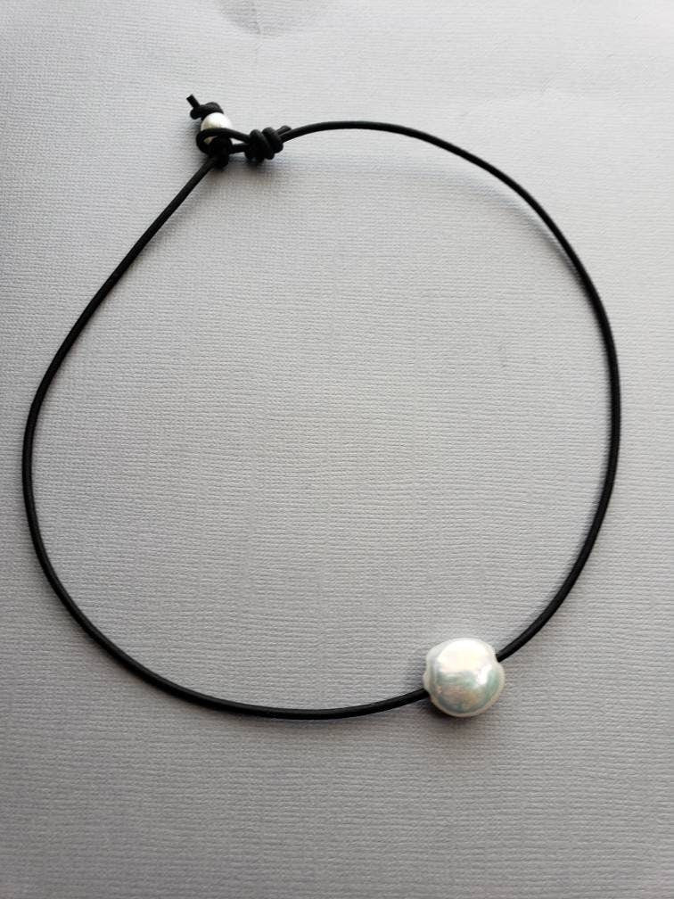 Coin Pearl Leather Necklace, 3rd anniversary gift for wife, Unisex necklace for men and women