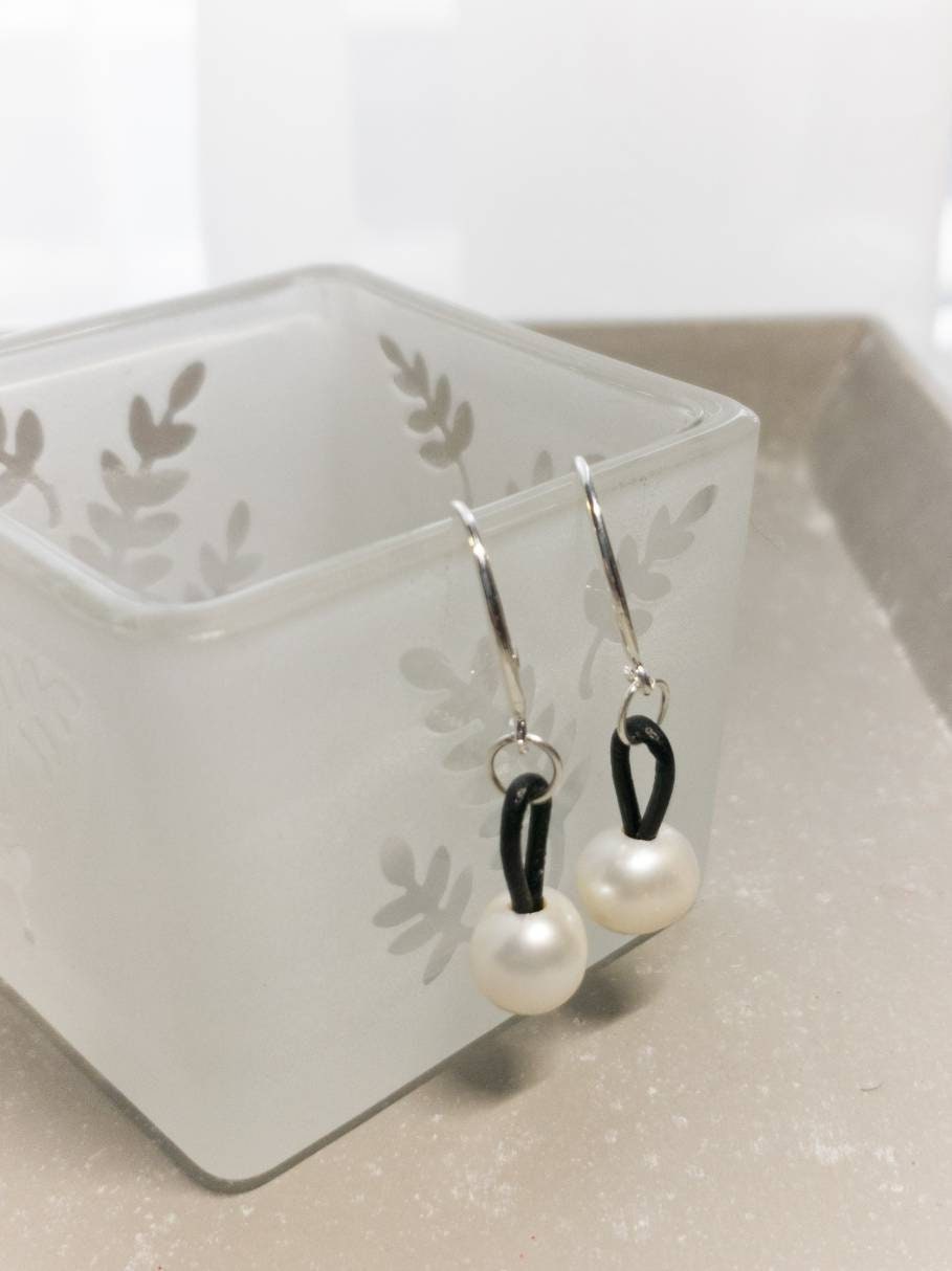 Leather pearl earring, 3rd anniversary gift for woman