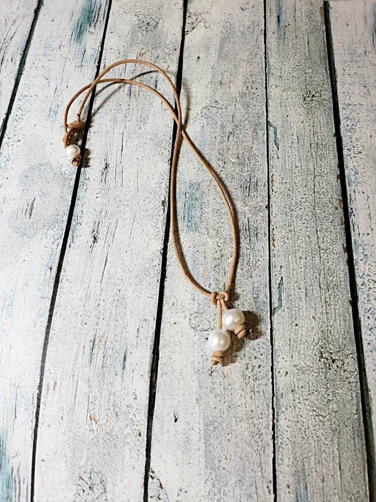 Leather pearl drop necklace, Summer Beach jewelry, 3rd anniversary gift for wife girlfriend,