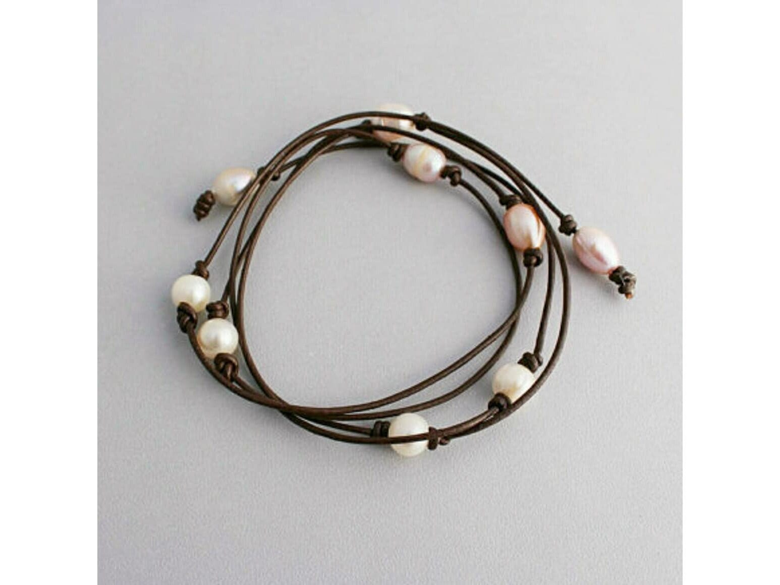 Leather Pearl wrap necklace, Coastal Grandmother Long pearl necklace