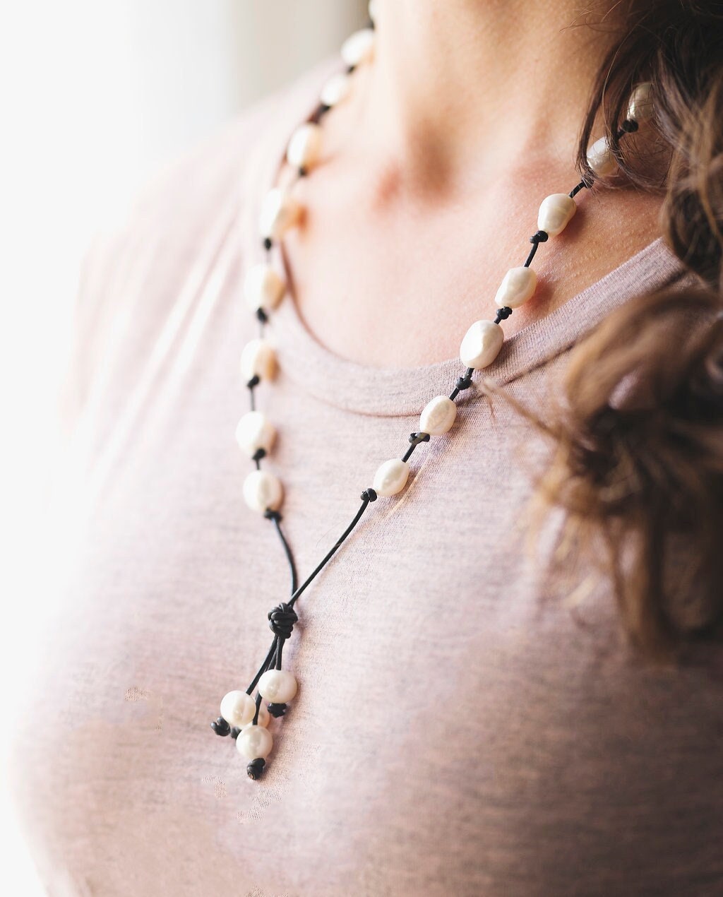 Baroque White Pearl knotted onto natural tan Leather necklace