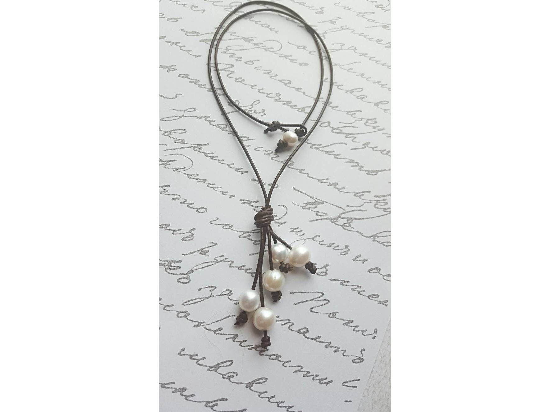 Leather Pearl Tassel Necklace, Pearl Y necklace,