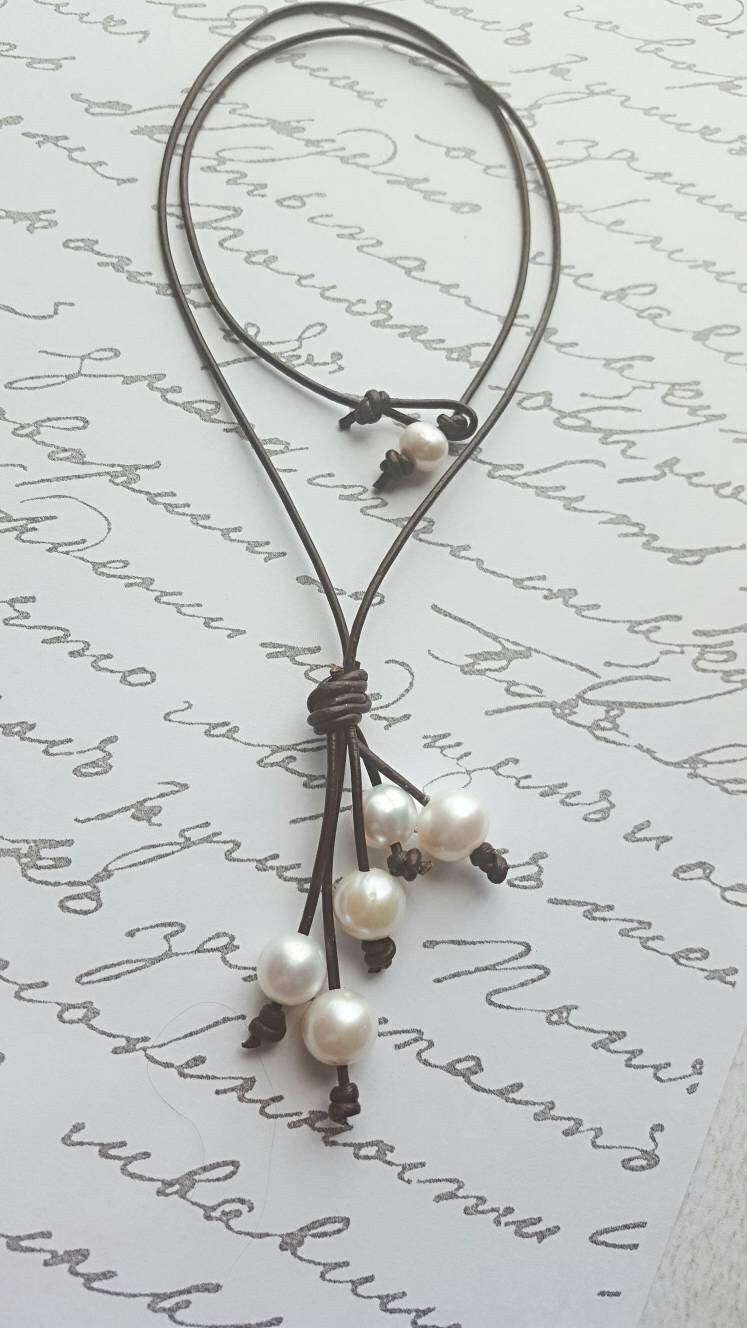 Leather Pearl Tassel Necklace, Pearl Y necklace,