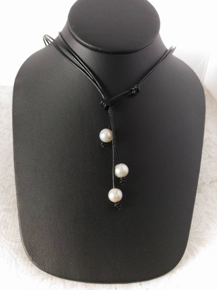 Convertible Triple Strand Leather White Real Pearl necklace, Coastal Grandmother Granddaughter style, Adjustable