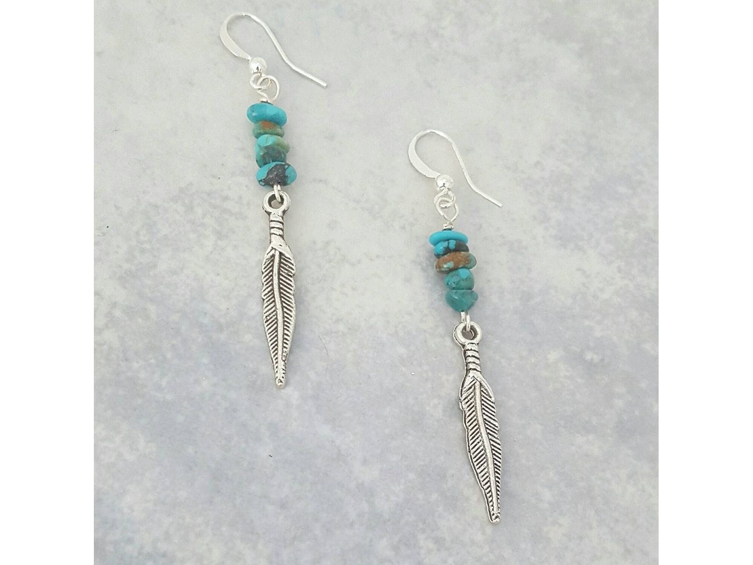 Turquoise Nugget and Silver Feather Dangle Earrings, Southwest style earring,