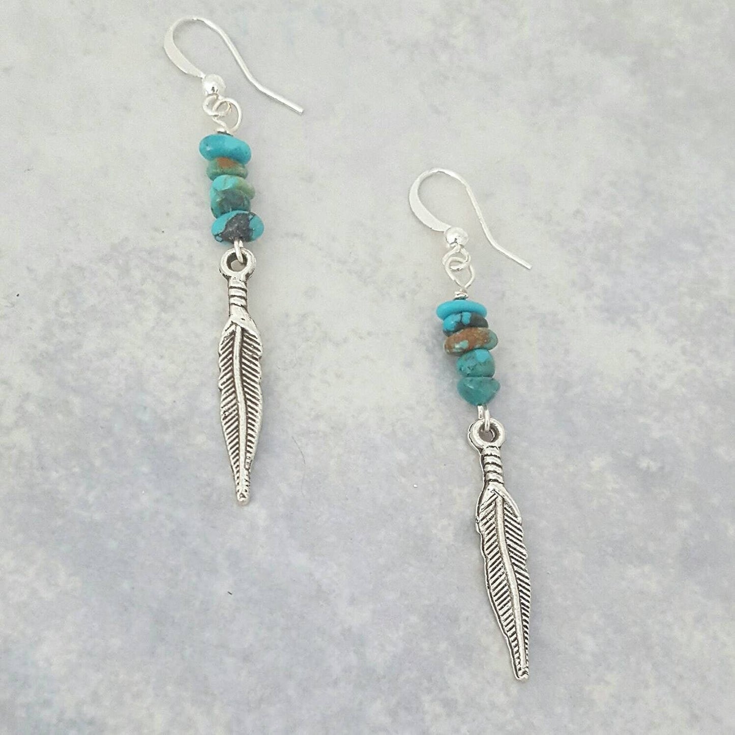 Turquoise Nugget and Silver Feather Dangle Earrings, Southwest style earring,