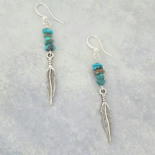 Turquoise Nugget and Silver Feather Dangle Earrings, Southwest style earring,