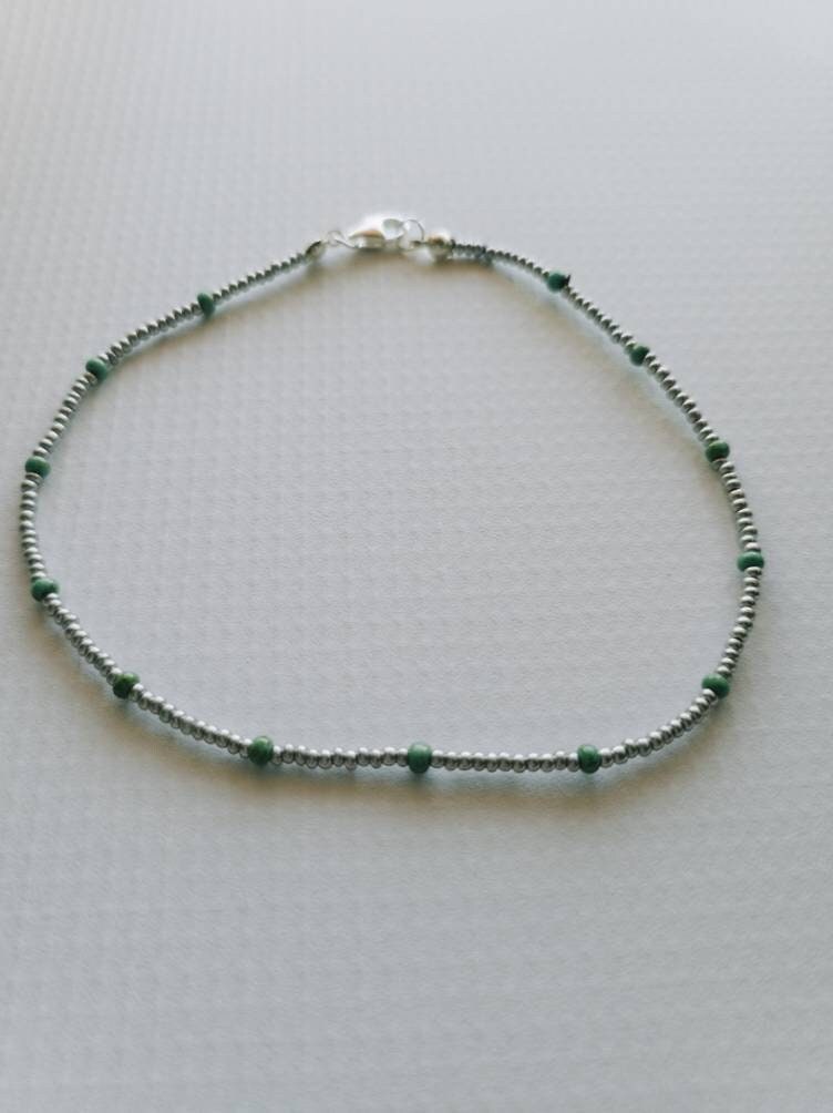Beaded ankle bracelet, green and silver anklet, gift for best friend, Beaded cruise jewelry
