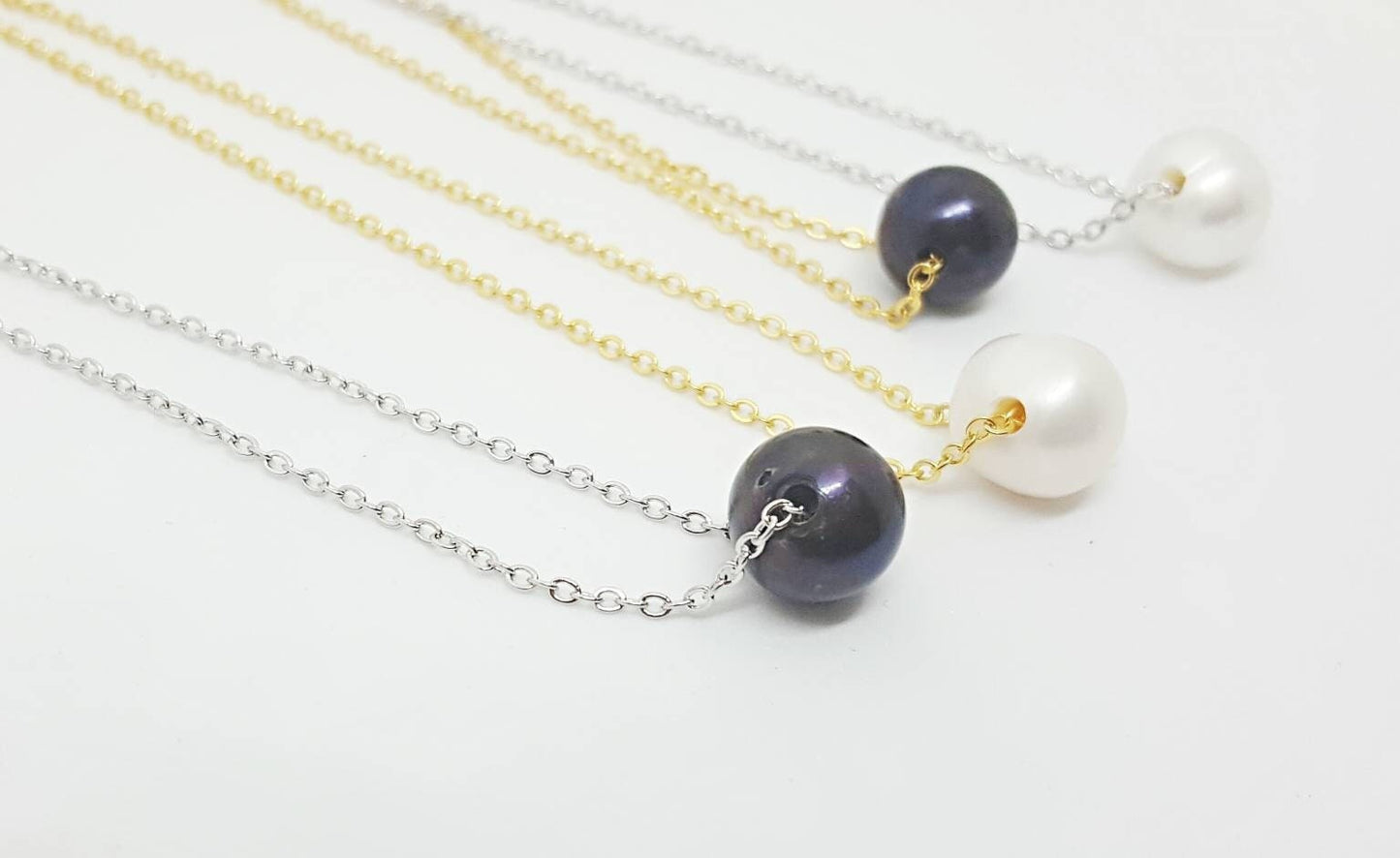 Pearl Bridesmaid jewelry - floating 10 mm white pearl chain necklace, delicate dainty choker