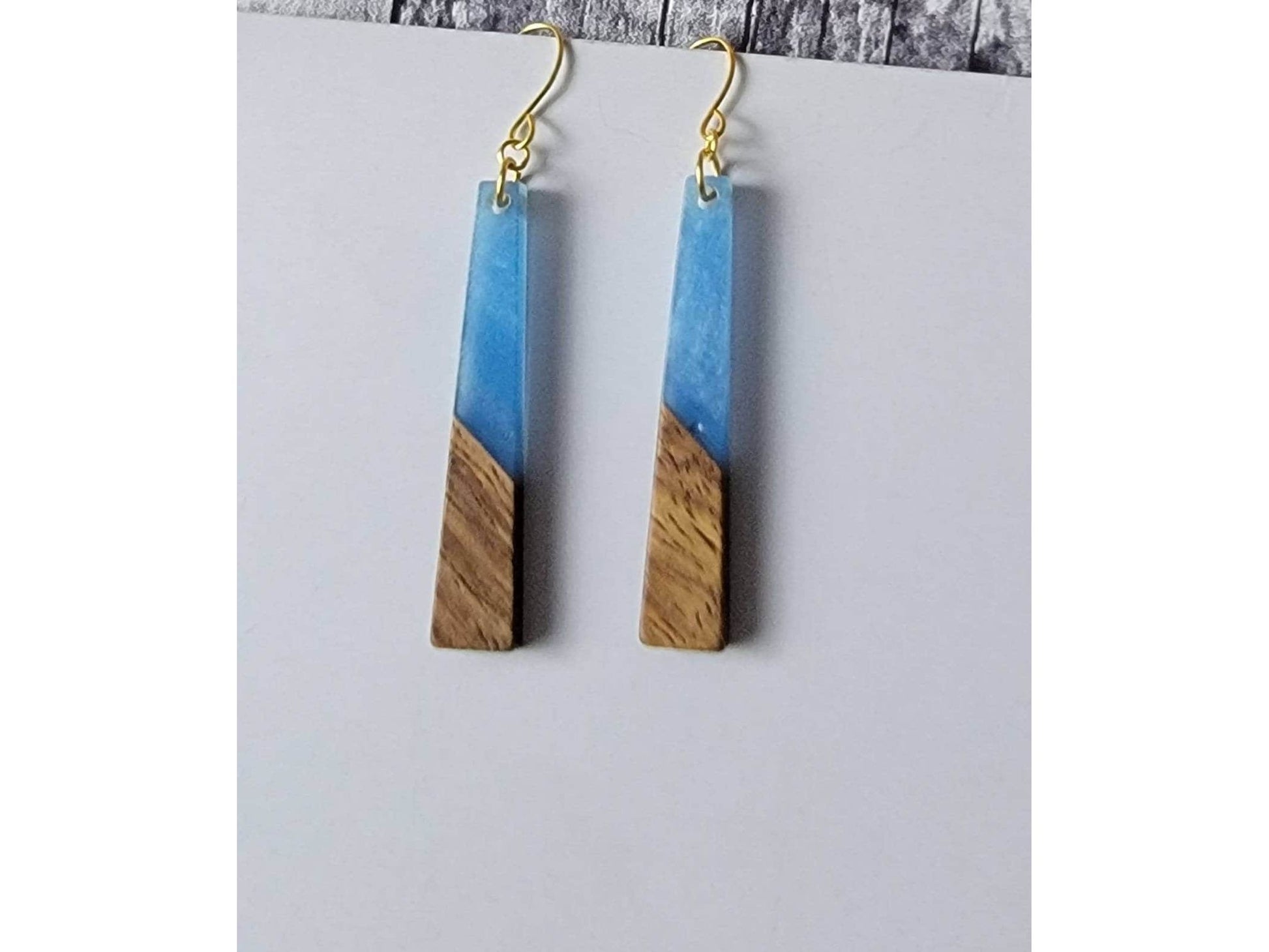 Long wood blue acrylic earrings, hypoallergenic ear wires