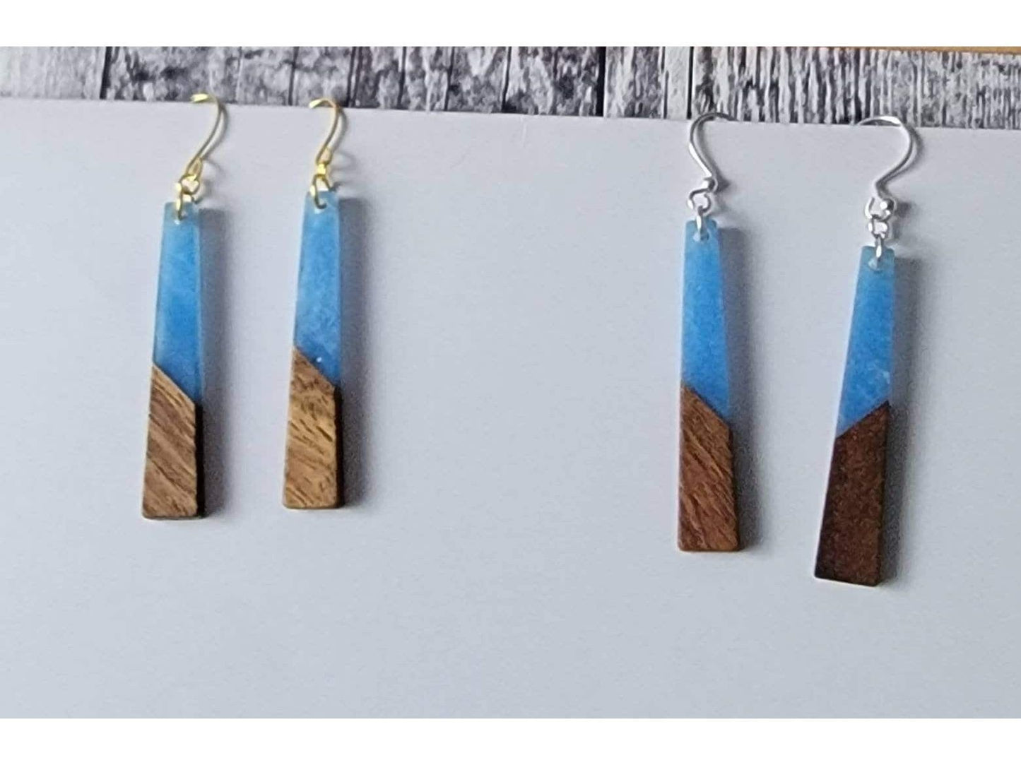 Long wood blue acrylic earrings, hypoallergenic ear wires