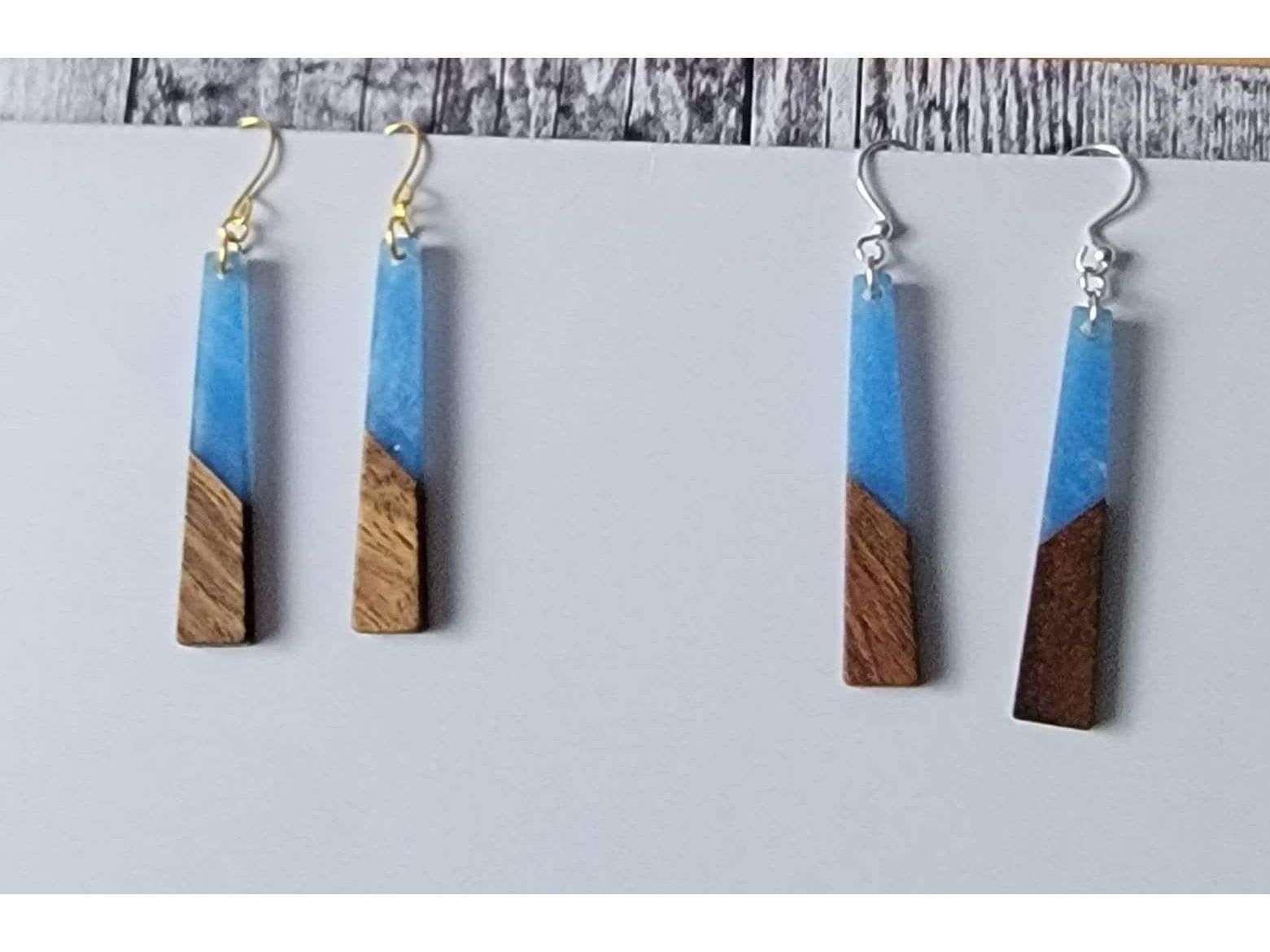Long wood blue acrylic earrings, hypoallergenic ear wires