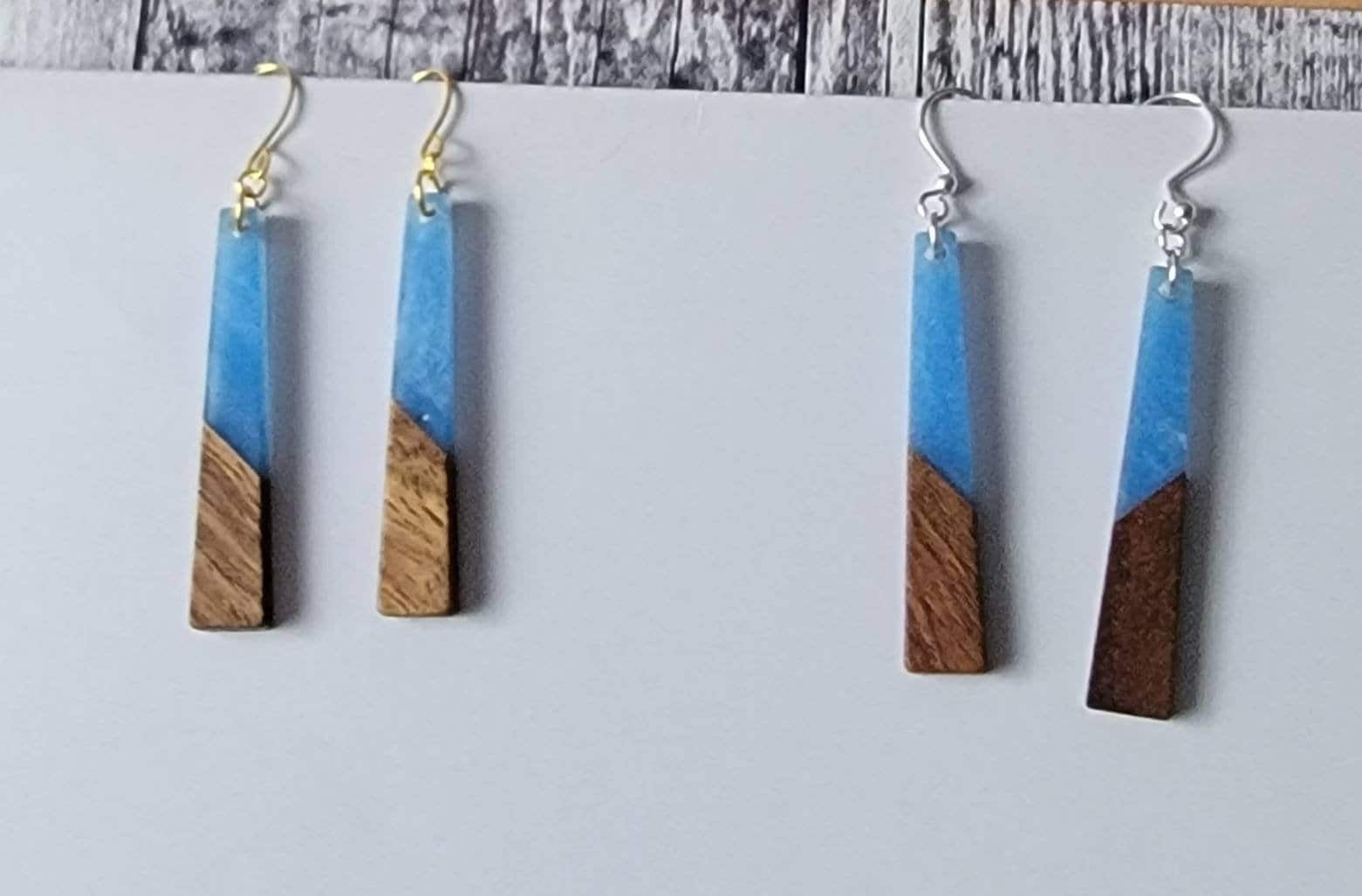 Long wood blue acrylic earrings, hypoallergenic ear wires
