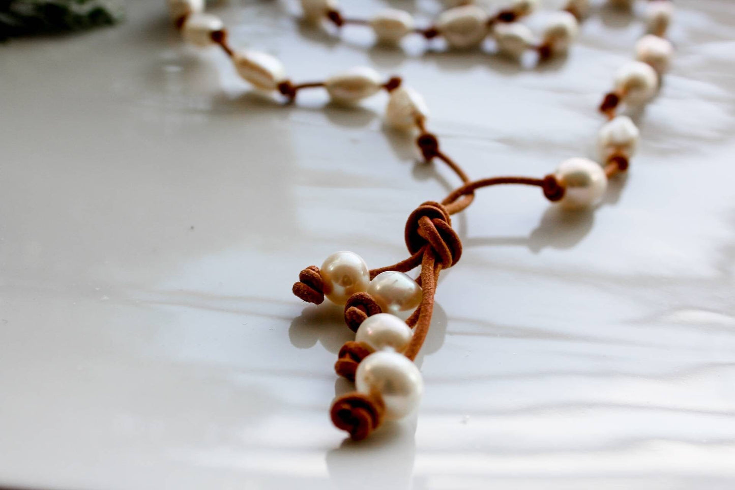Baroque pearls knotted on Leather necklace, 3rd anniversary gift