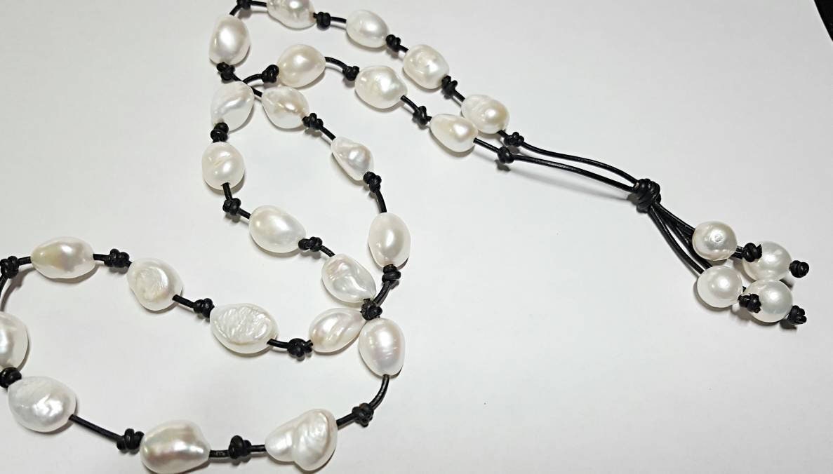 Baroque pearls knotted on Leather necklace, 3rd anniversary gift