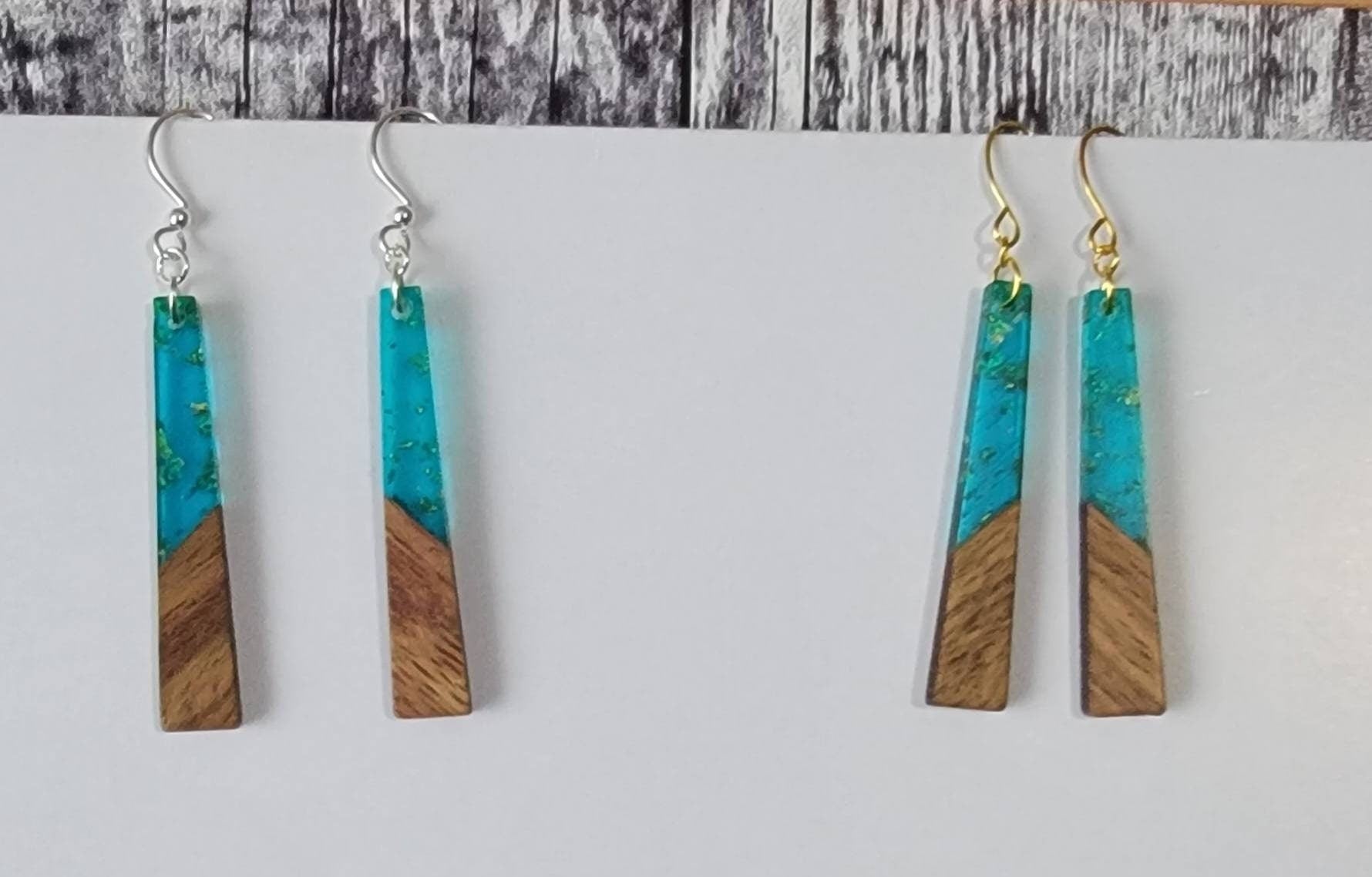 Long Wood Green Resin light weight earrings, hypoallergenic ear wires, Mother's day gift from kids