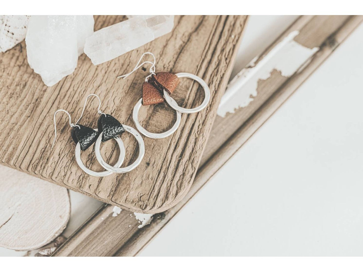 Rustic Genuine Leather hammered metal Hoop Earrings, Mother&#39;s day gift of Bohemian style earrings from son
