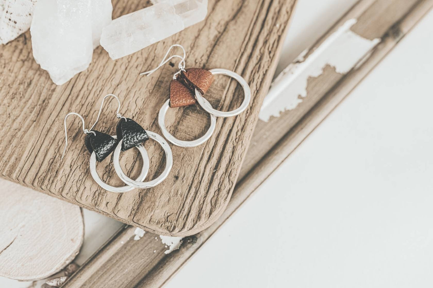 Rustic Genuine Leather hammered metal Hoop Earrings, Mother's day gift of Bohemian style earrings from son