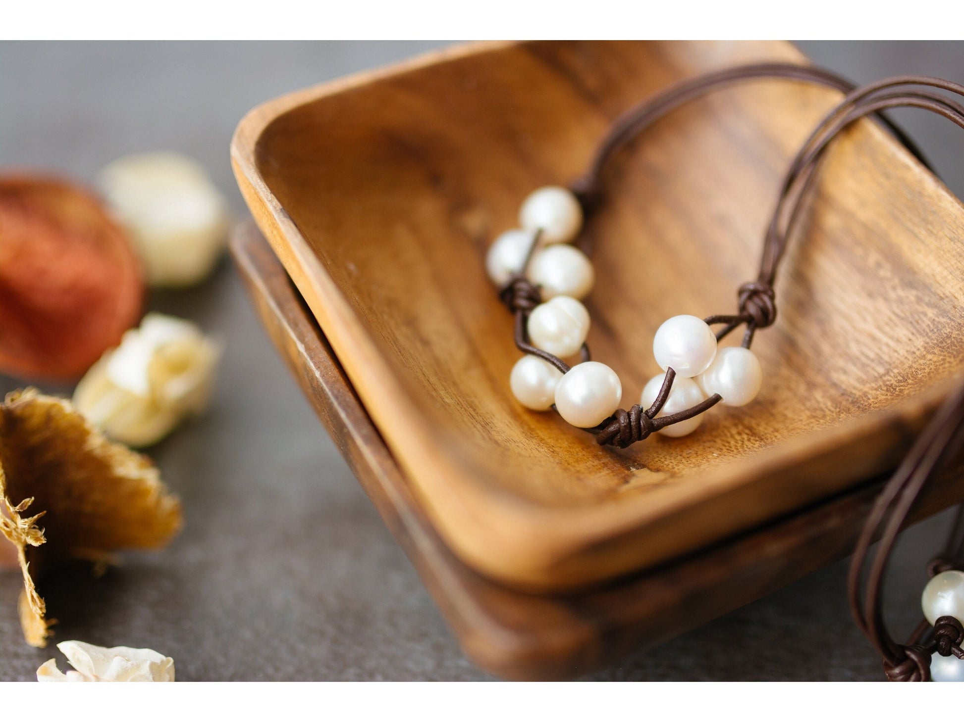 Leather and Pearl Cluster necklace, 3rd anniversary gift for wife, 3 strand knotted pearl leather necklace,