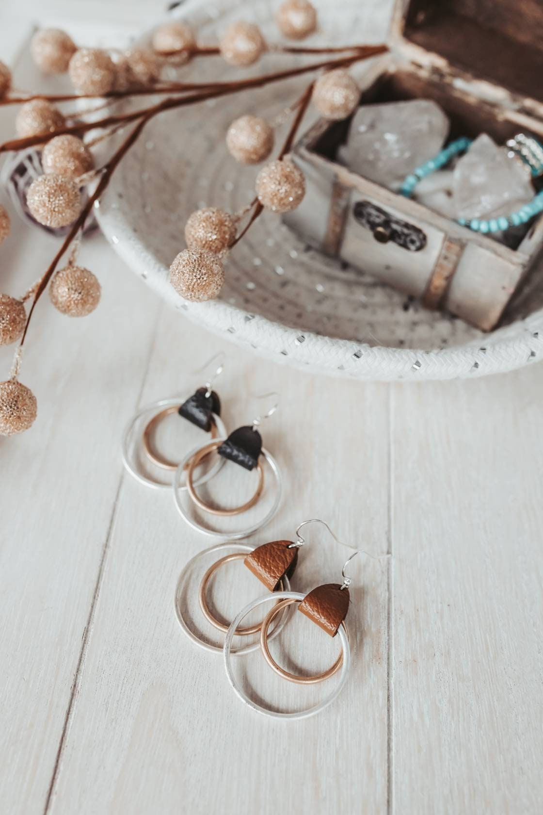 Mixed Metal leather hoop earrings