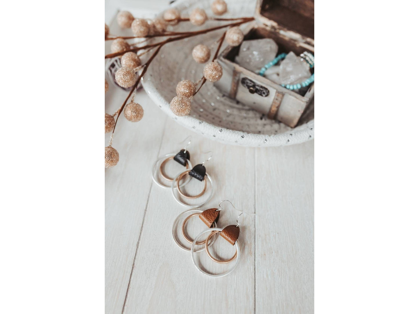 Mixed Metal leather hoop earrings