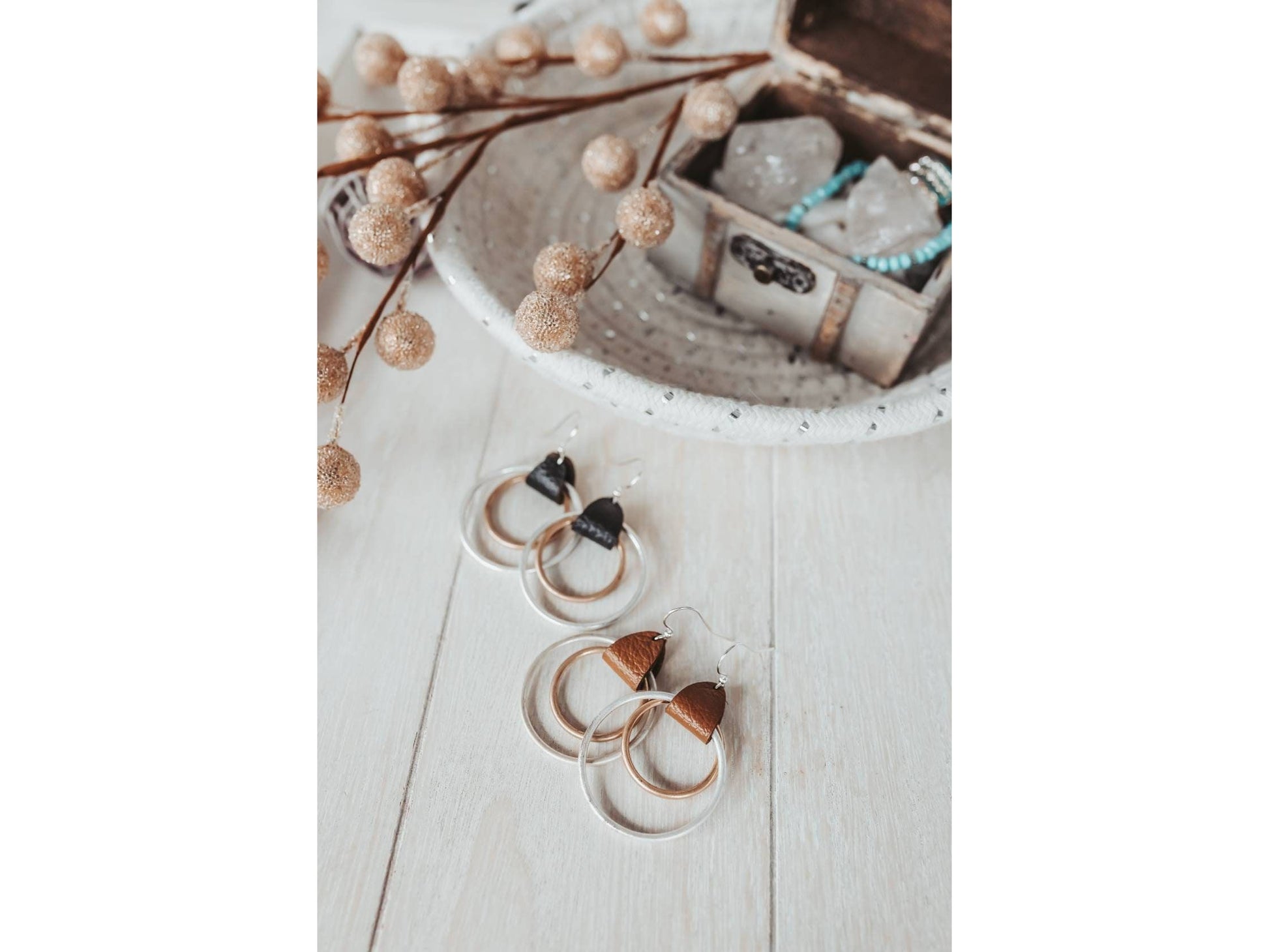 Mixed Metal leather hoop earrings