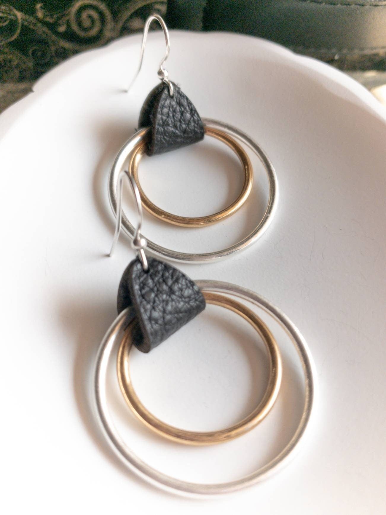 Mixed Metal leather hoop earrings