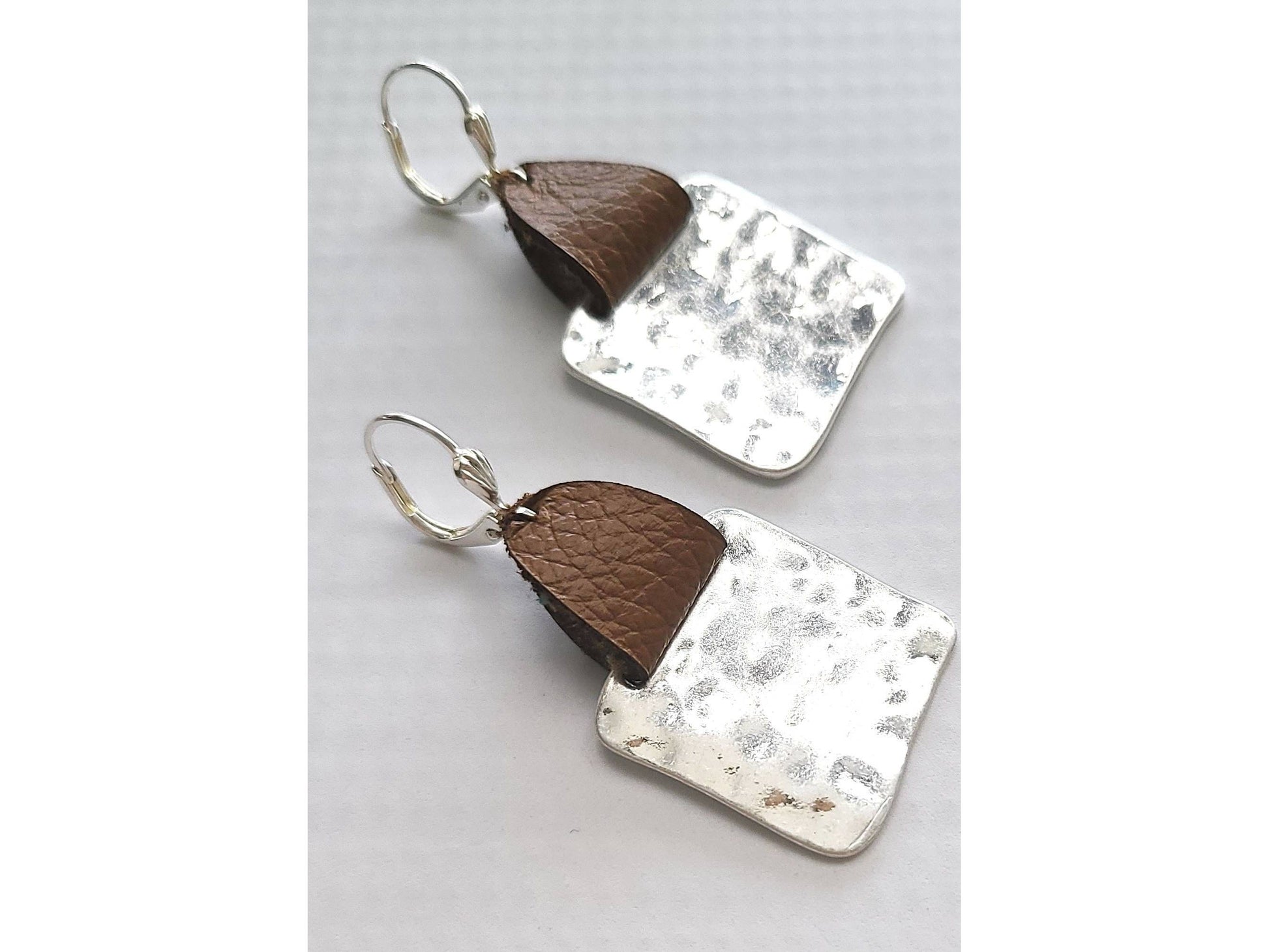 Mother's Day gift from kids, Leather strap Hammered square earrings,