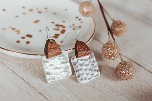 Mother&#39;s Day gift from kids, Leather strap Hammered square earrings,