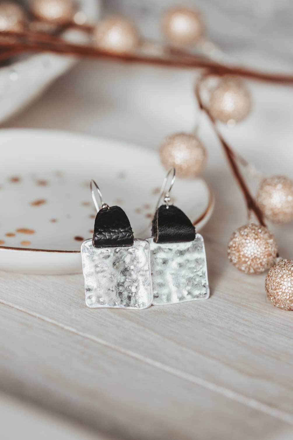 Mother's Day gift from kids, Leather strap Hammered square earrings,