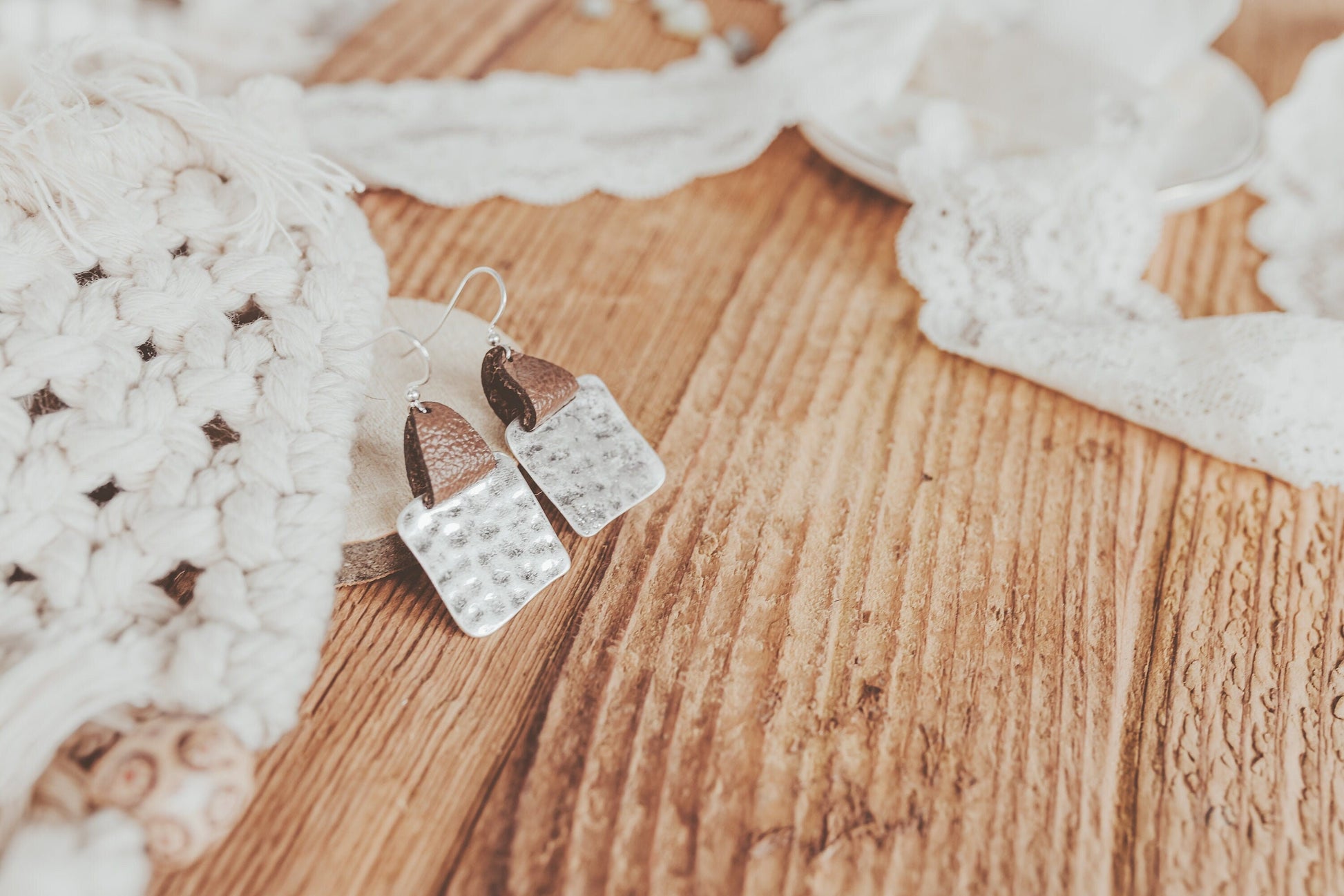 Mother's Day gift from kids, Leather strap Hammered square earrings,