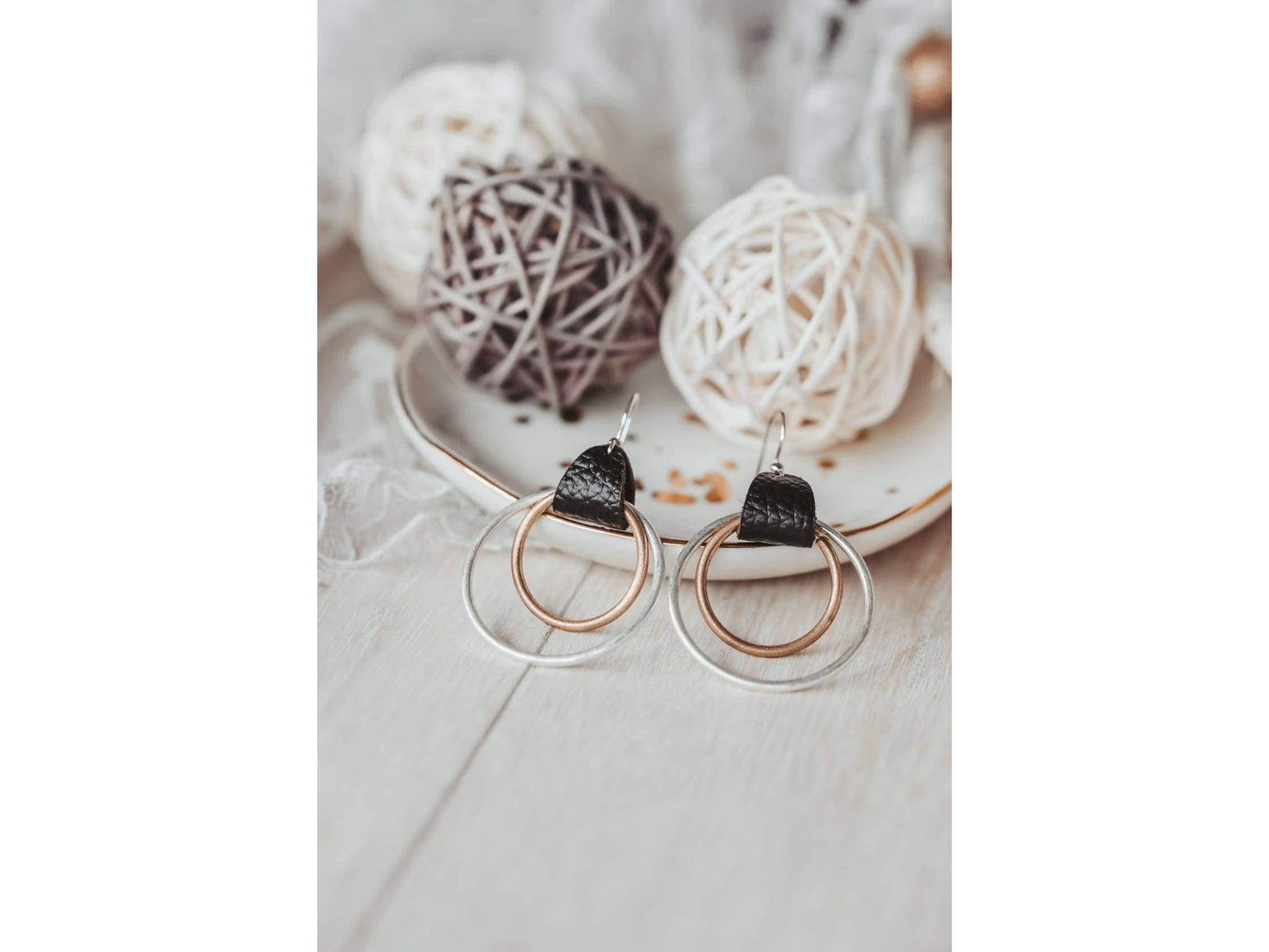Leather Mixed metal hoop earrings, 21st birthday gift, bohemian hoop earring, Gift for friend