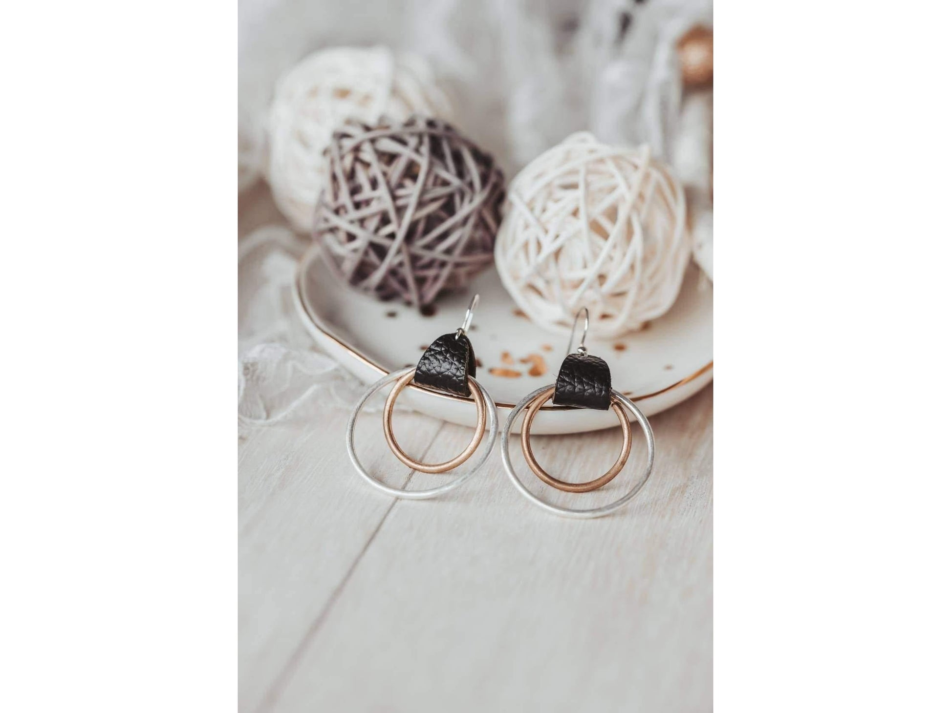 Leather Mixed metal hoop earrings, 21st birthday gift, bohemian hoop earring, Gift for friend