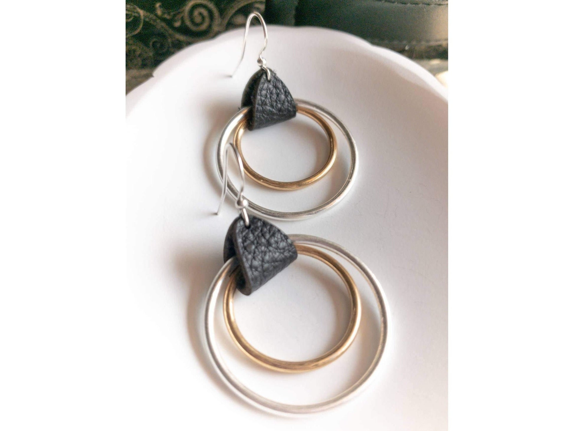 Leather Mixed metal hoop earrings, 21st birthday gift, bohemian hoop earring, Gift for friend