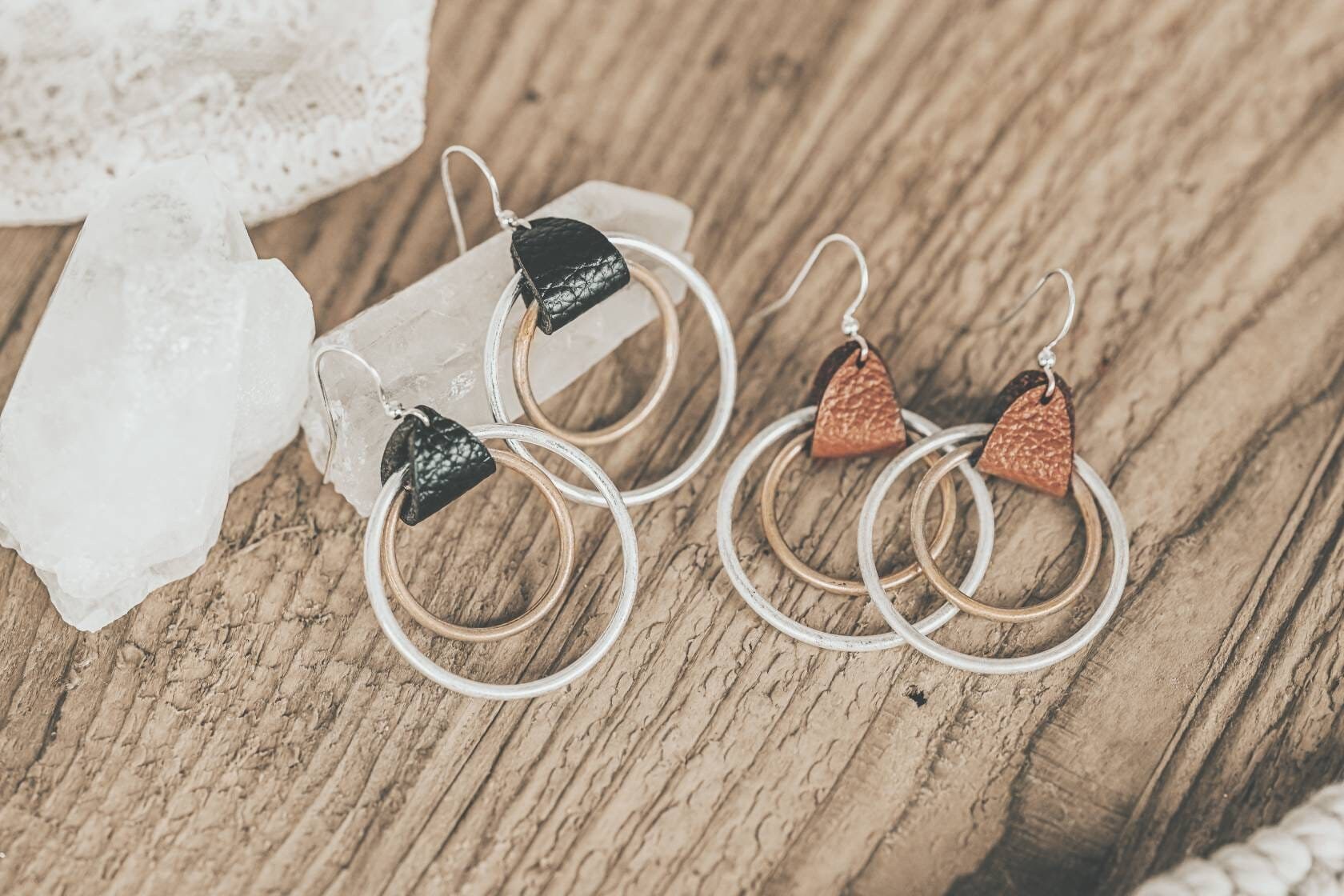 Mother&#39;s Day gift for mom, Hoop earrings, Boho Chic Leather ear drops,
