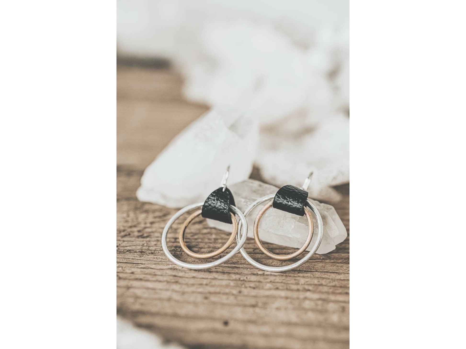 Double Hoop mixed metal leather Earrings, Mothers day gift