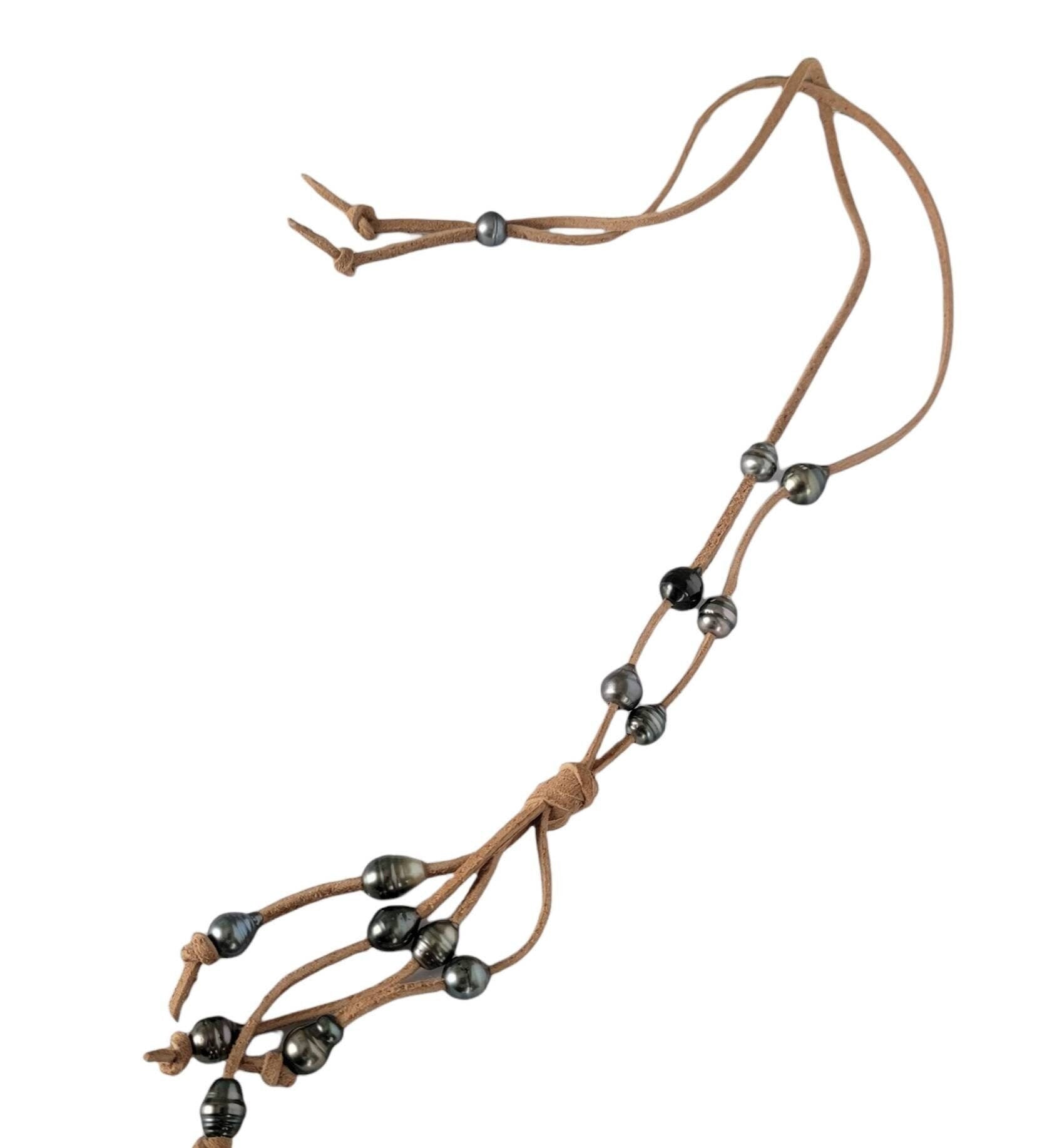 Black Tahitian pearls suede leather necklace, lariat style Y necklace, 3rd anniversary gift for wife,