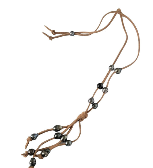 Black Tahitian pearls suede leather necklace, lariat style Y necklace, 3rd anniversary gift for wife,