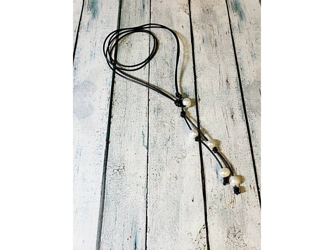 Leather pearl Lariat necklace, 3rd Anniversary gift, Bohemian jewelry