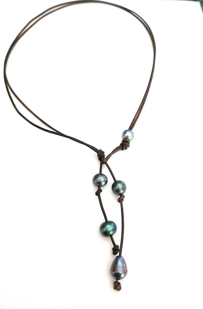 Pearl Y Lariat necklace, leather anniversary gift for woman