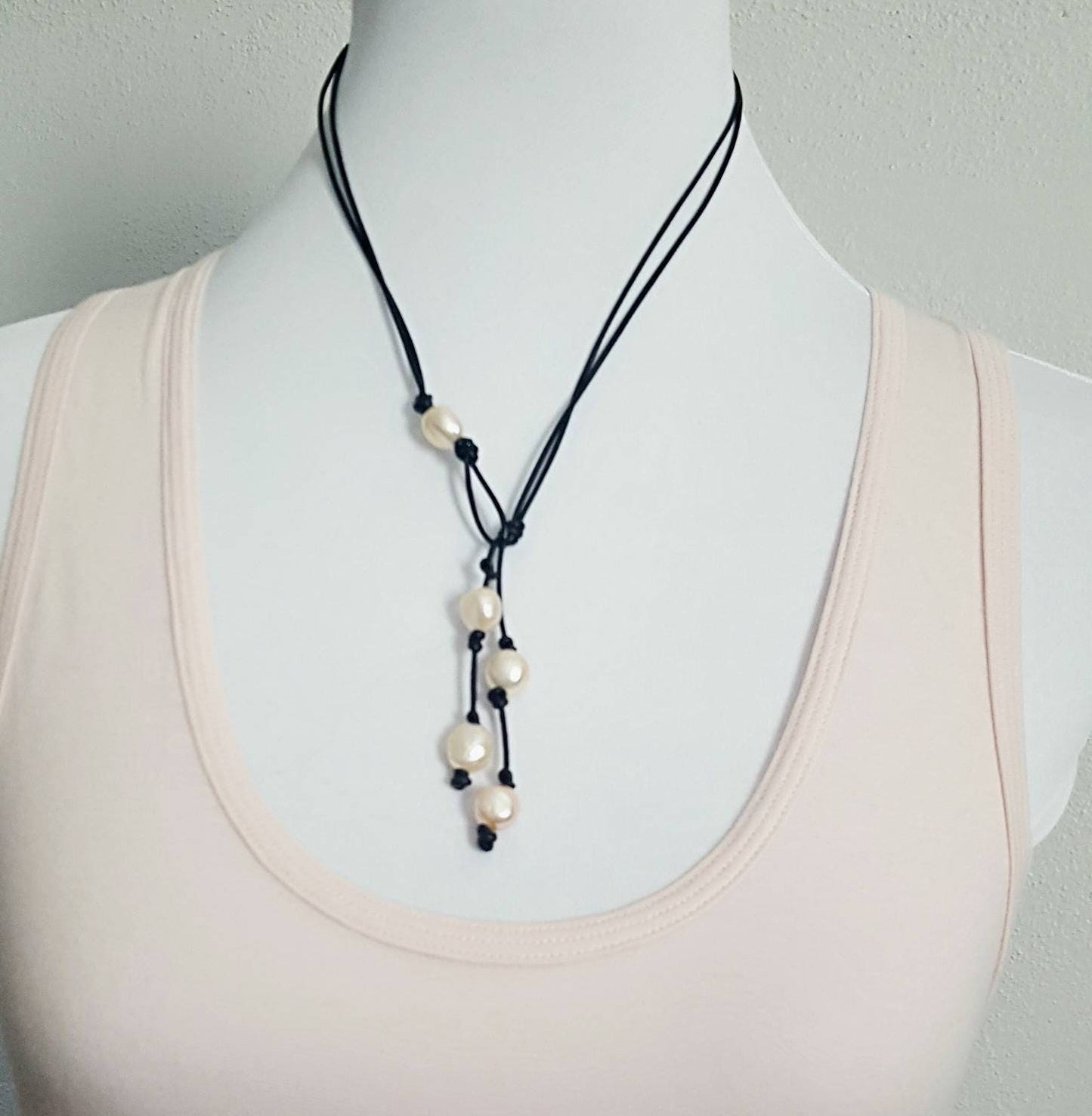 Pearl Y Lariat necklace, leather anniversary gift for woman