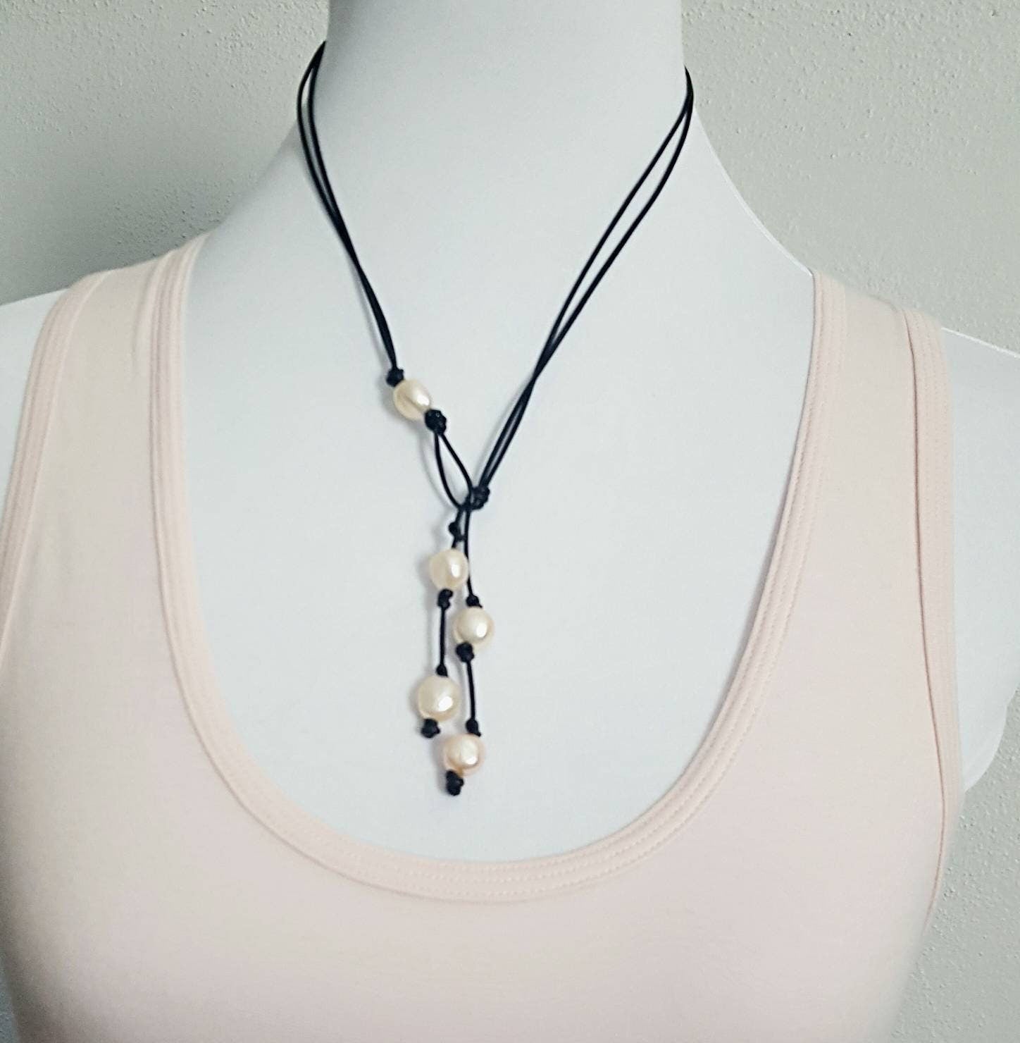 Pearl Y Lariat necklace, leather anniversary gift for woman