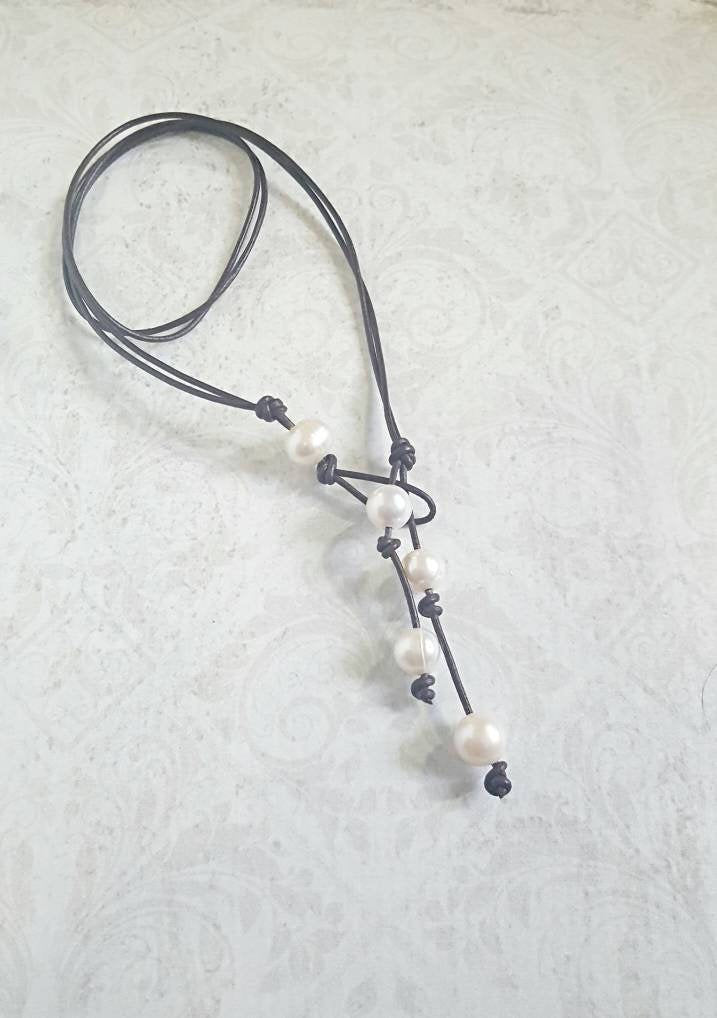 Pearl Y Lariat necklace, leather anniversary gift for woman