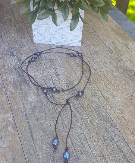 Pearl leather wrap necklace bracelet, Bohemian jewelry, Mother's Day Gift