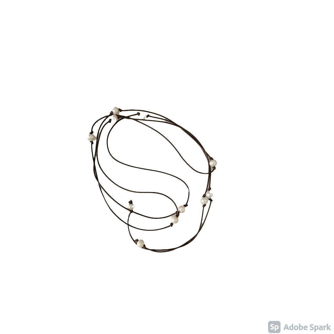 Pearl leather wrap necklace bracelet, Bohemian jewelry, Mother's Day Gift