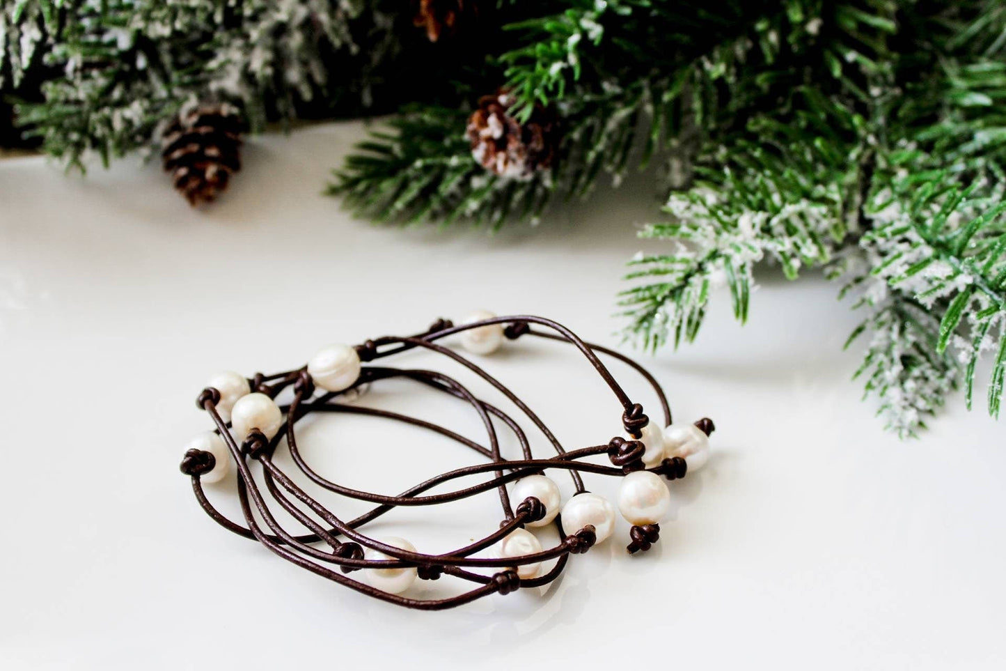 Pearl leather wrap necklace bracelet, Bohemian jewelry, Mother's Day Gift